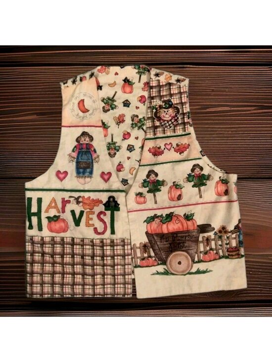 Handmade Tops - Fall Autumn Harvest Women's L Vintage Vest Reversible Scarecrow Cat Granny Fall